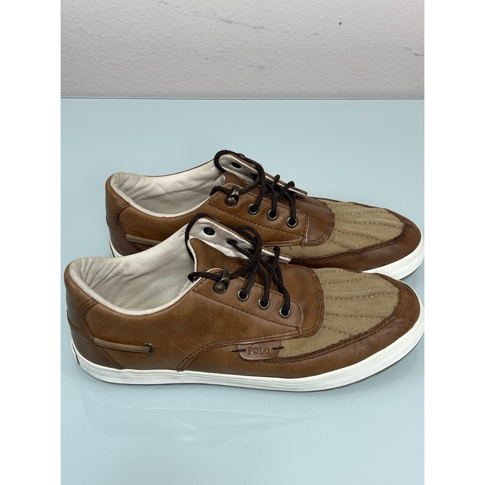 Polo Ralph Lauren Ramiro Men's 9 Brown Leather Canvas Boat Shoes Casual